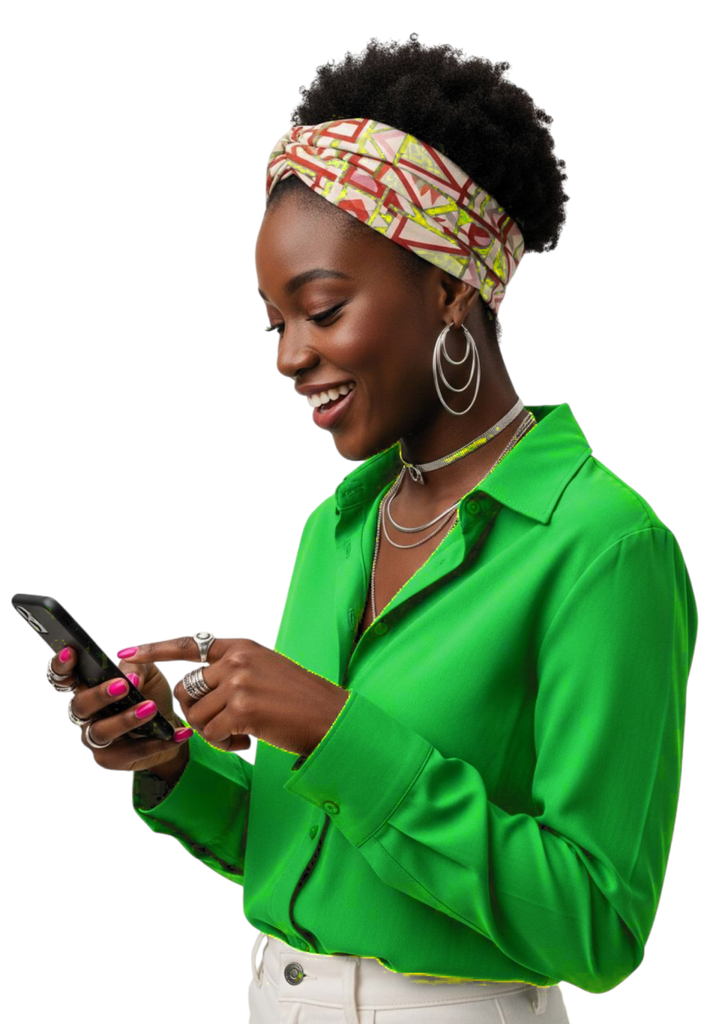 Woman using her phone with neon graphics in the background