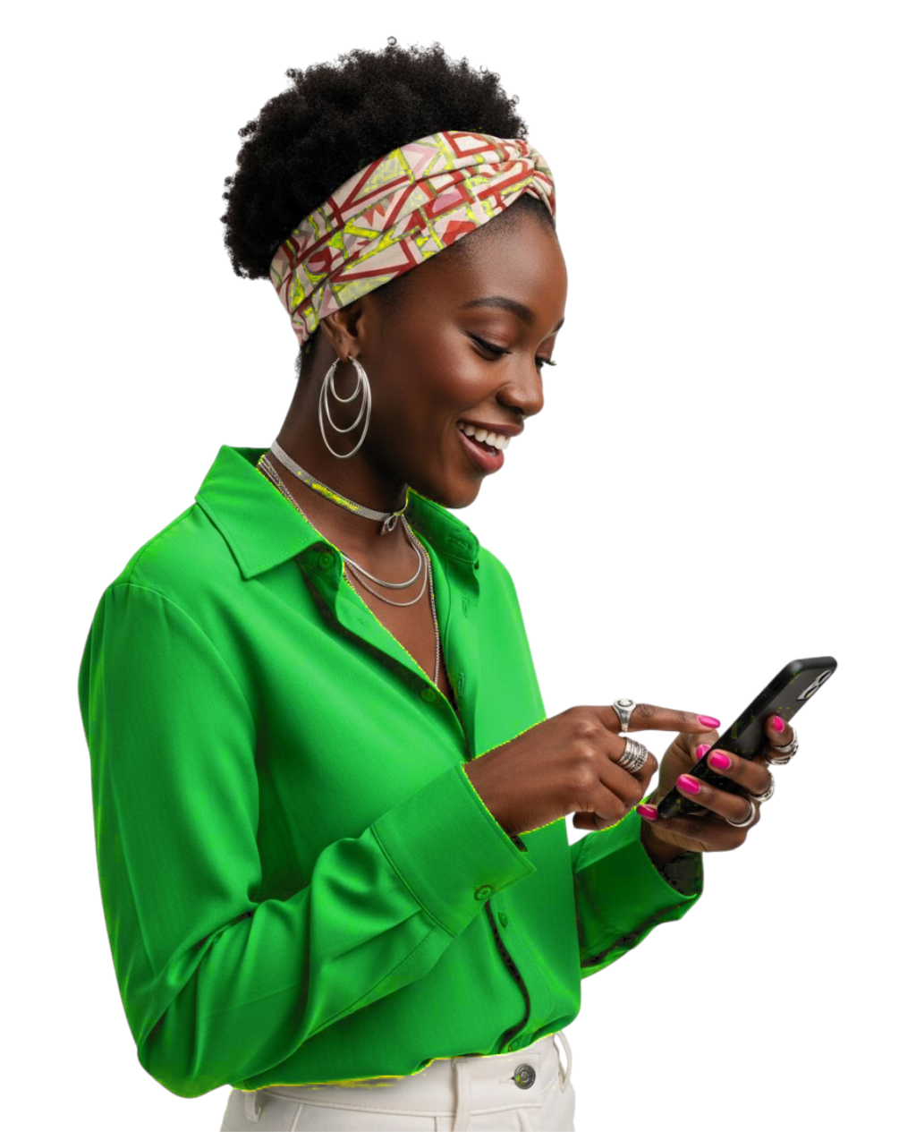Woman smiling while using her phone